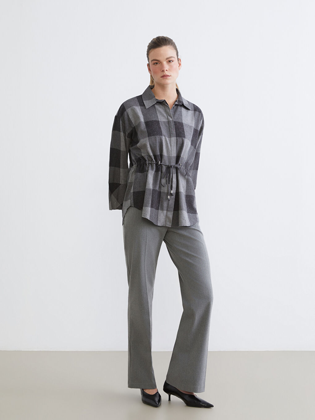 Gri Ekose Oversize Kadın Gömlek-1