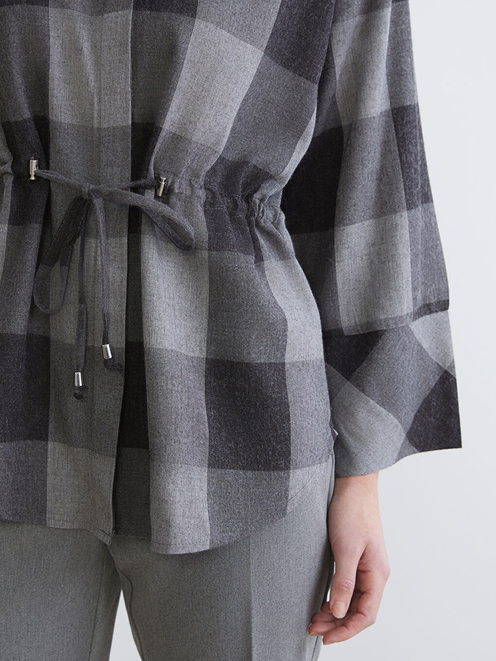 Gri Ekose Oversize Kadın Gömlek-2