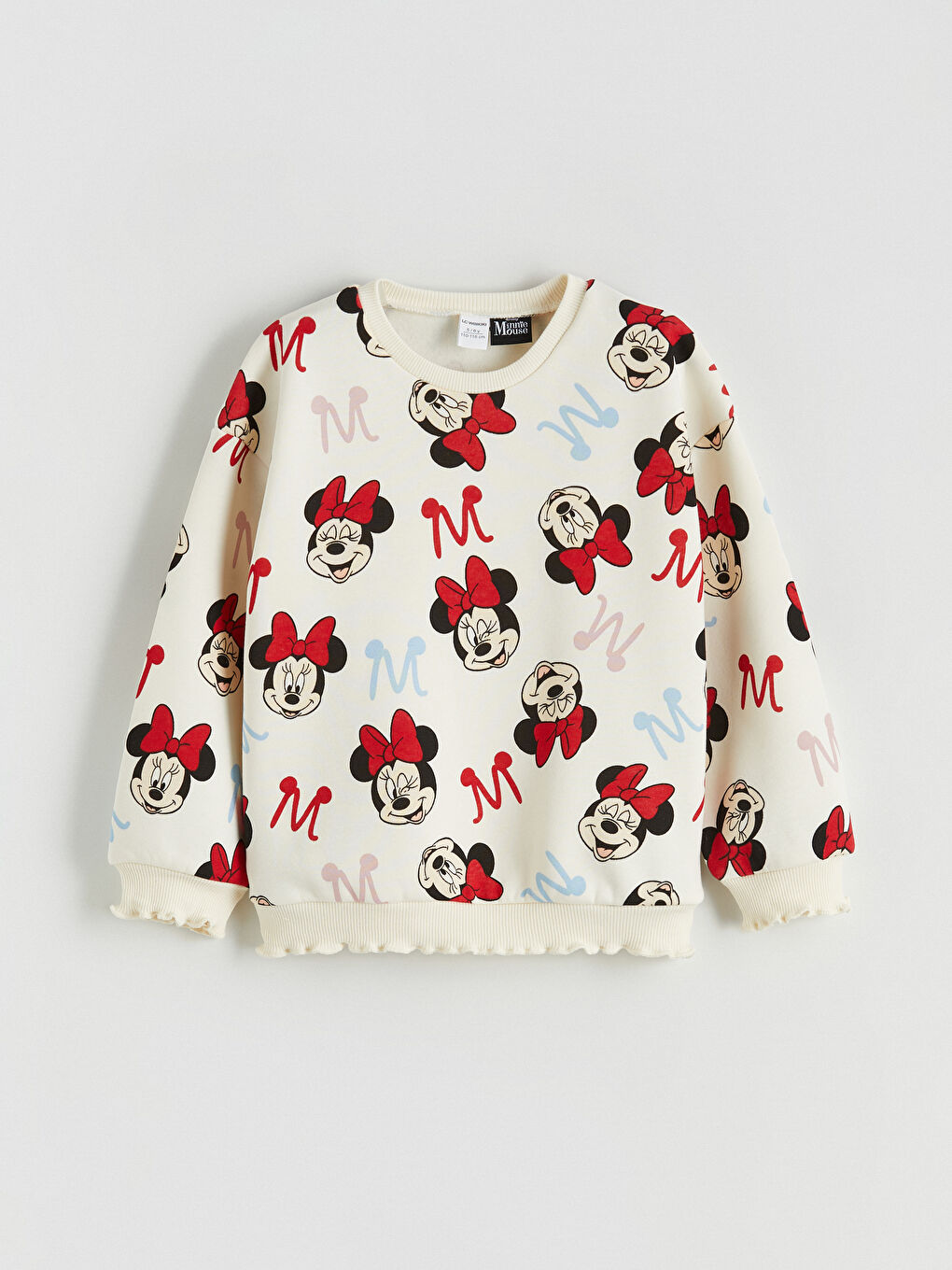 Ekru Minnie Mouse Baskılı Kız Çocuk Kalın Sweatshirt