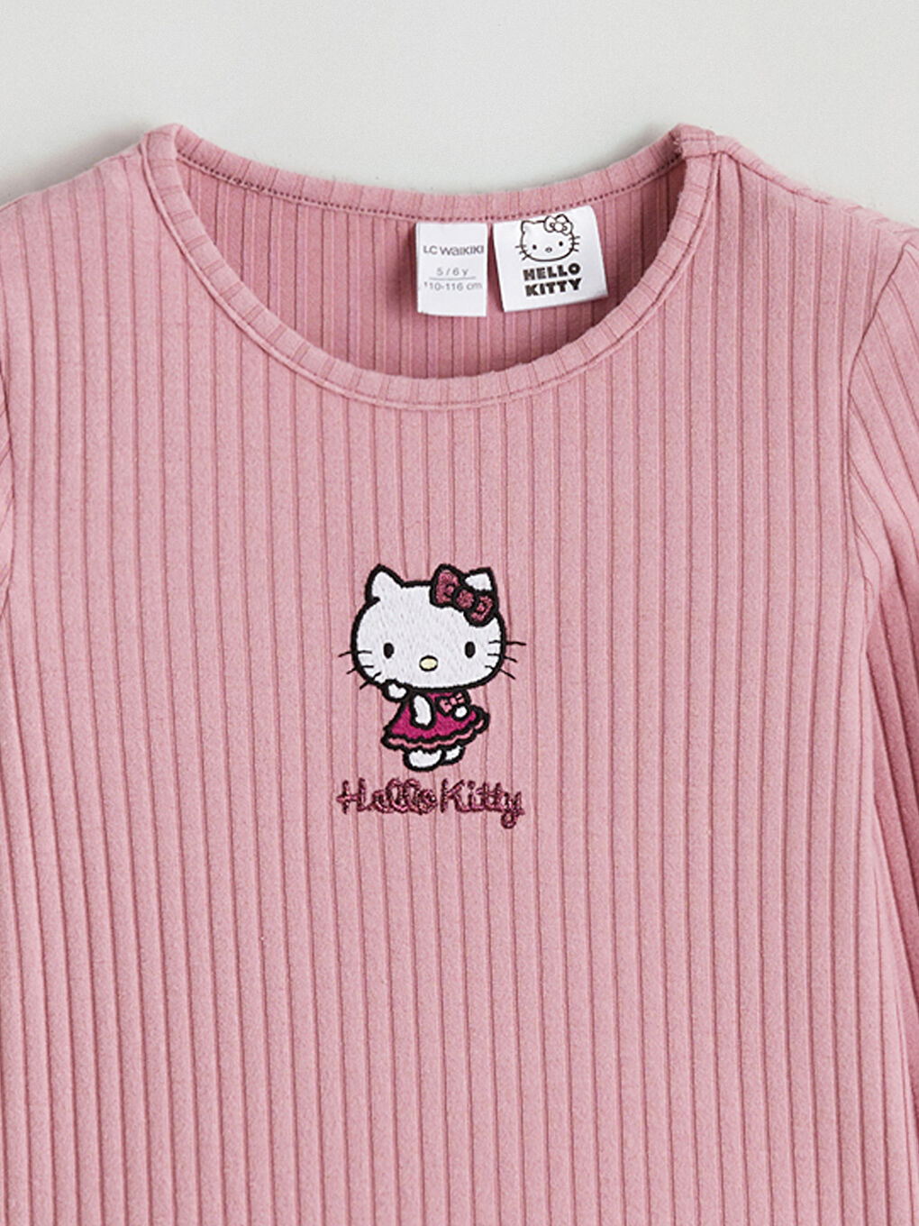 Pembe Bisiklet Yaka Hello Kitty Nakışlı Kız Çocuk Tişört-1