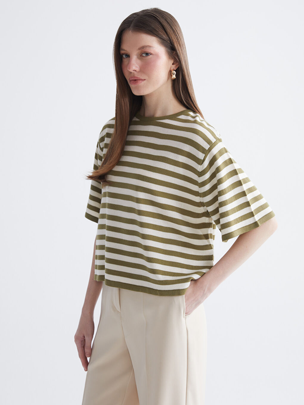 Yeşil Bisiklet Yaka Çizgili Kadın Triko Kazak