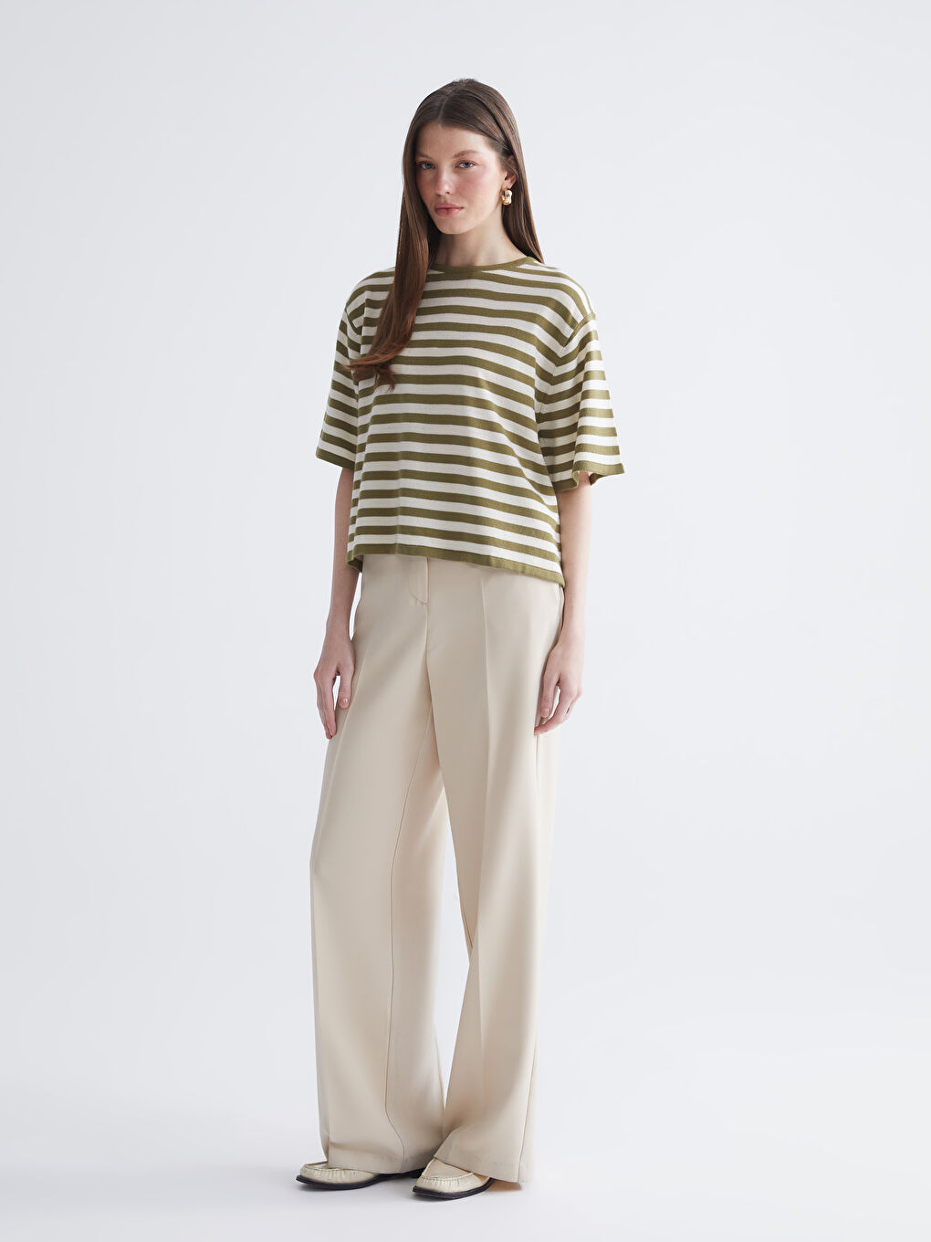 Yeşil Bisiklet Yaka Çizgili Kadın Triko Kazak-1