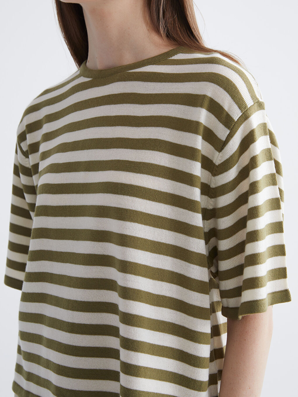 Yeşil Bisiklet Yaka Çizgili Kadın Triko Kazak-2