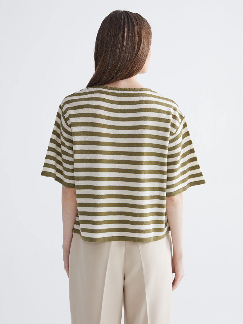 Yeşil Bisiklet Yaka Çizgili Kadın Triko Kazak-3