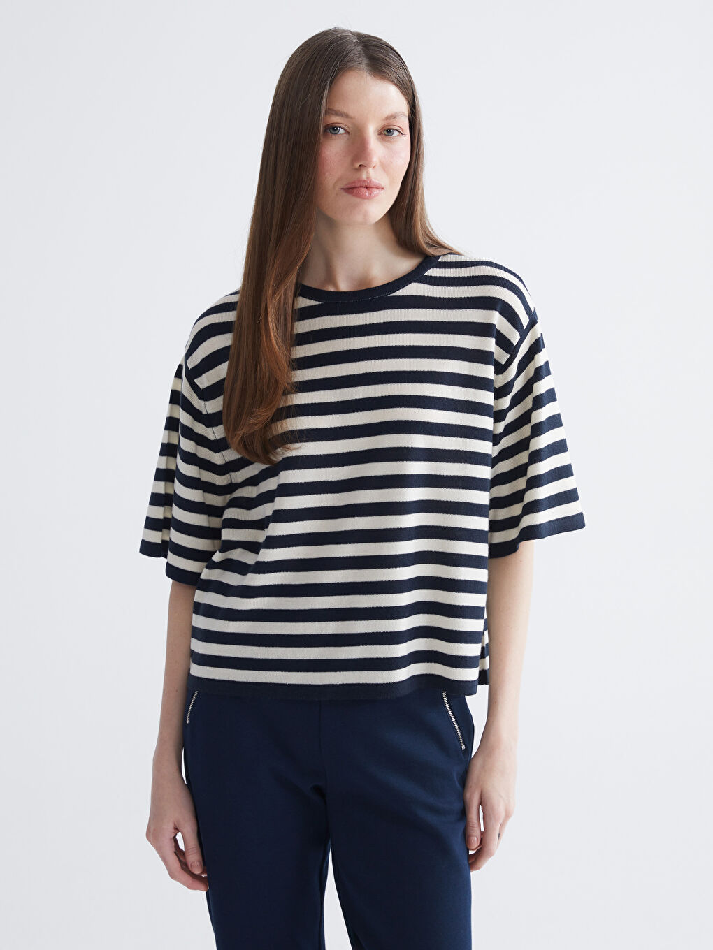 Lacivert Bisiklet Yaka Çizgili Kadın Triko Kazak