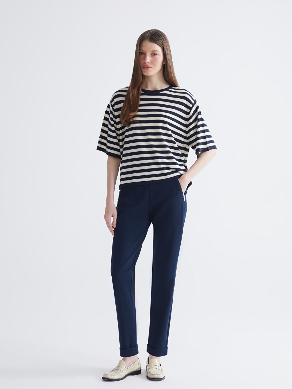Lacivert Bisiklet Yaka Çizgili Kadın Triko Kazak-1