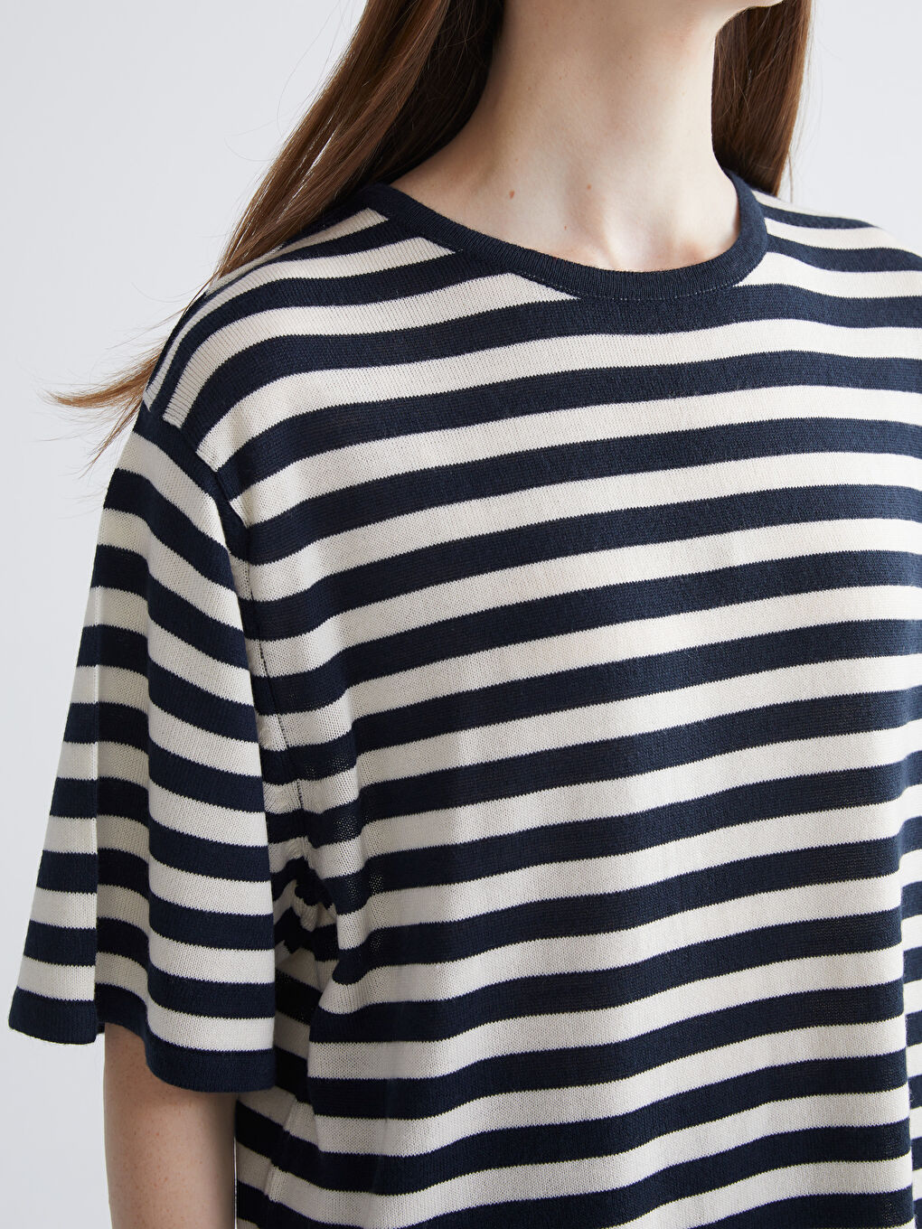 Lacivert Bisiklet Yaka Çizgili Kadın Triko Kazak-2