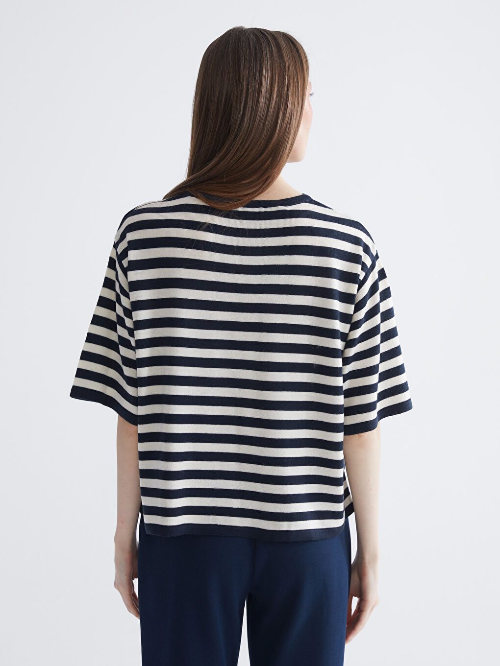 Lacivert Bisiklet Yaka Çizgili Kadın Triko Kazak-3