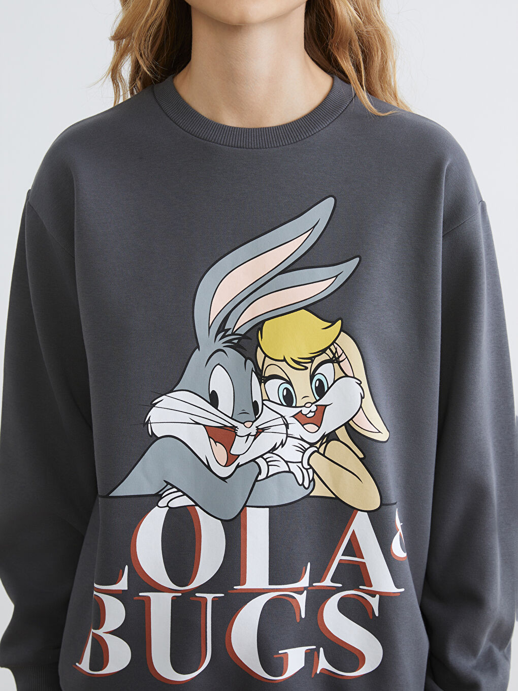 Antrasit Bugs Bunny Baskılı Oversize Kadın Kalın Sweatshirt-2