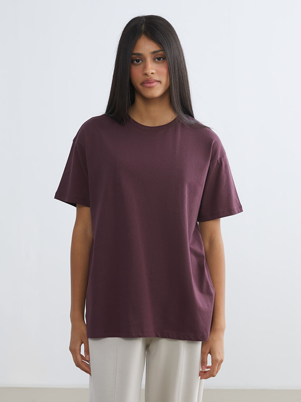 Bordo Bisiklet Yaka Baskılı Oversize Kadın Spor Tişört-3