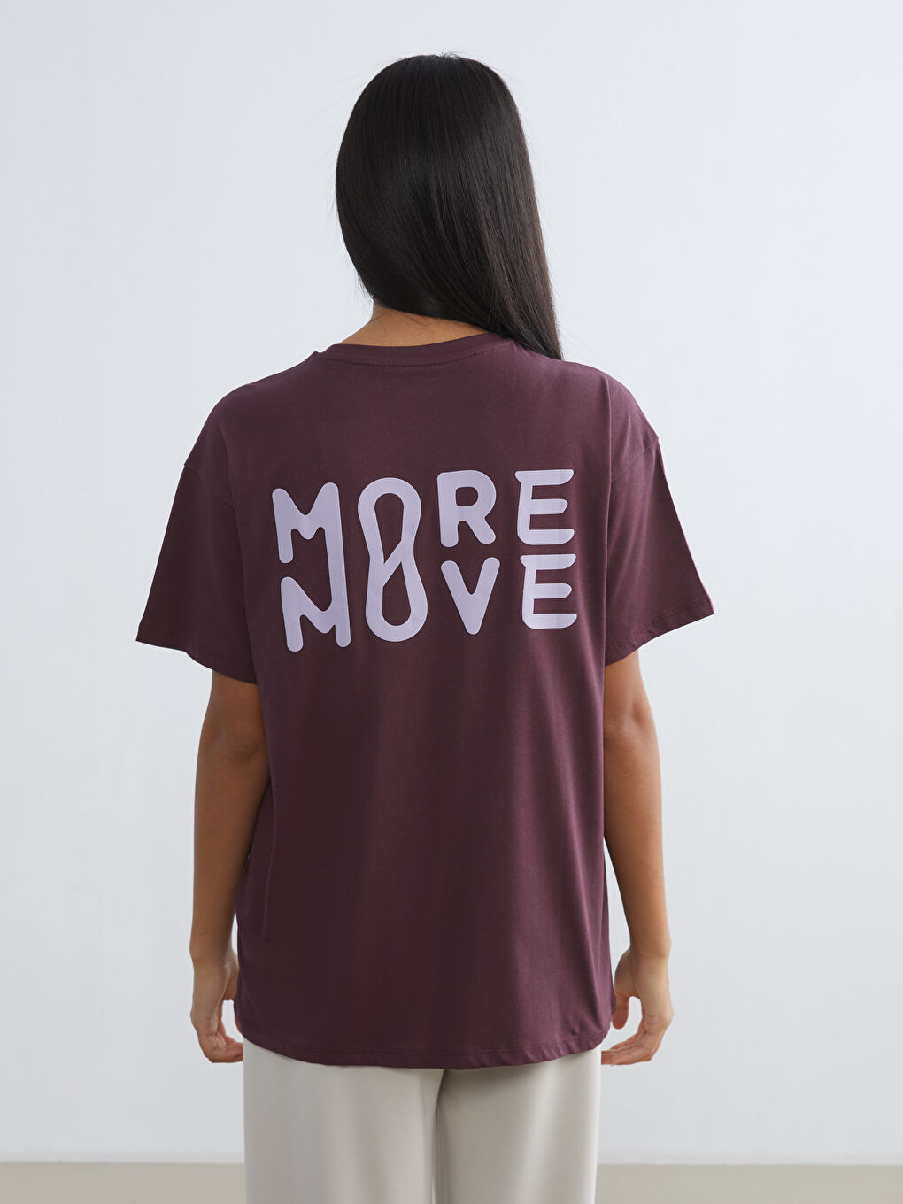 Bordo Bisiklet Yaka Baskılı Oversize Kadın Spor Tişört-4