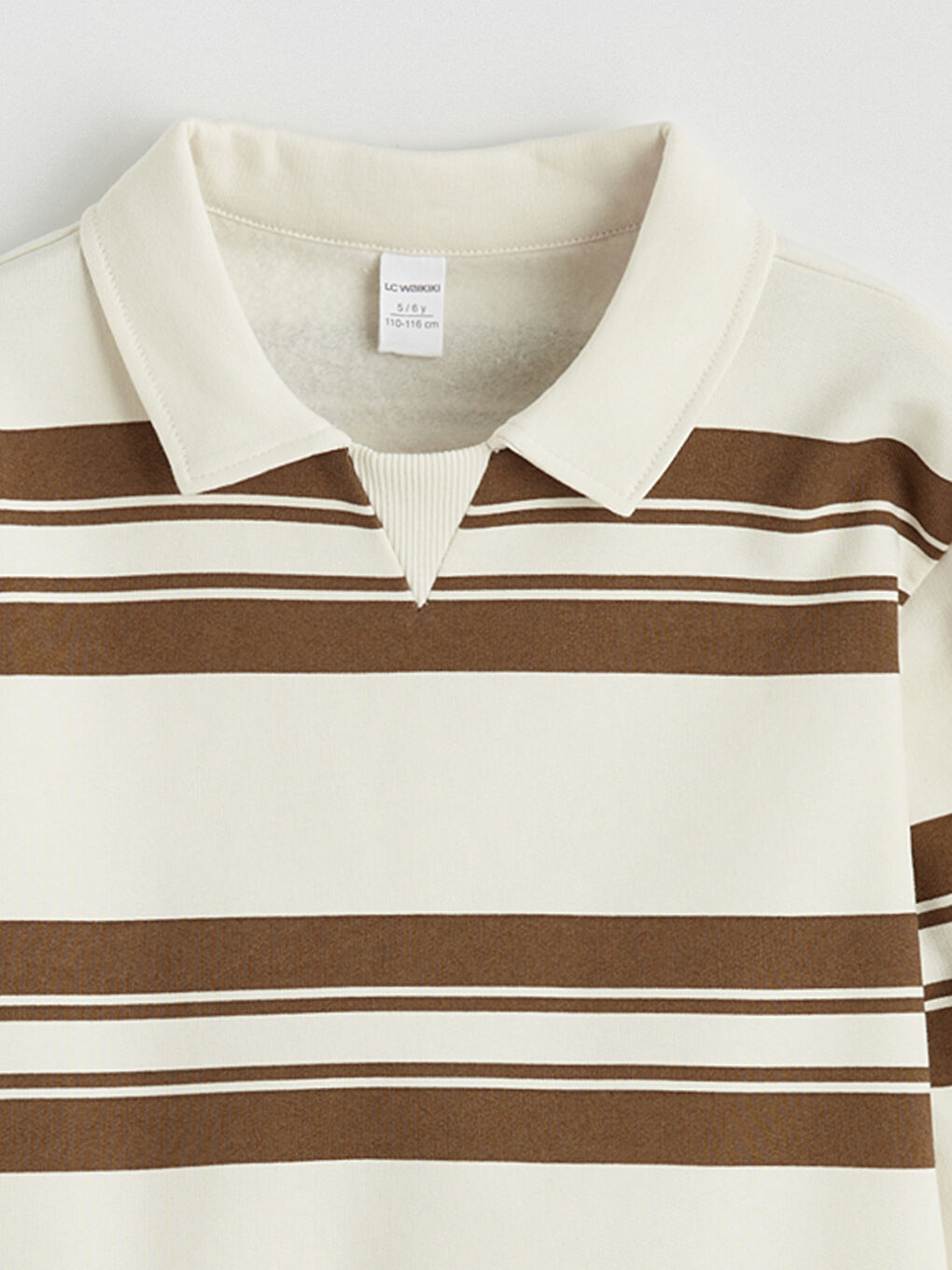 Bej Polo Yaka Çizgili Erkek Çocuk Kalın Sweatshirt-1