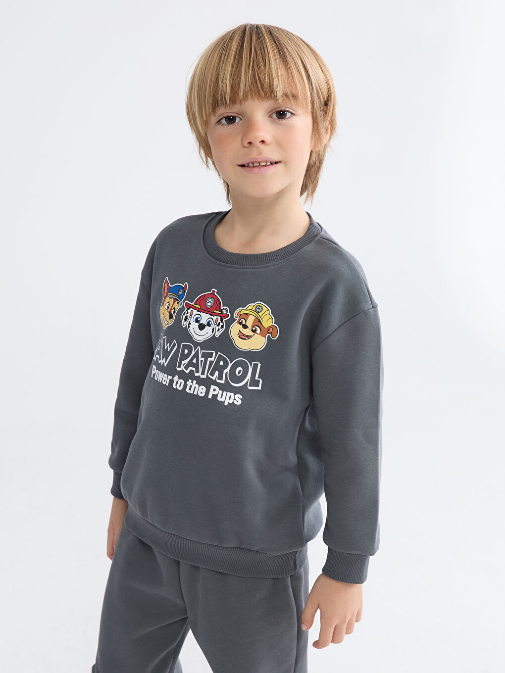 Gri Bisiklet Yaka Paw Patrol Baskılı Erkek Çocuk  Sweatshirt ve Eşofman Alt 2'li Takım