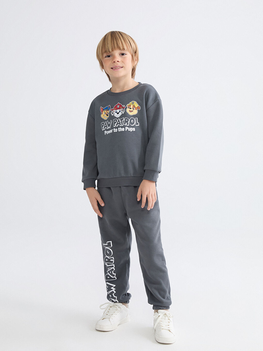 Gri Bisiklet Yaka Paw Patrol Baskılı Erkek Çocuk  Sweatshirt ve Eşofman Alt 2'li Takım-1