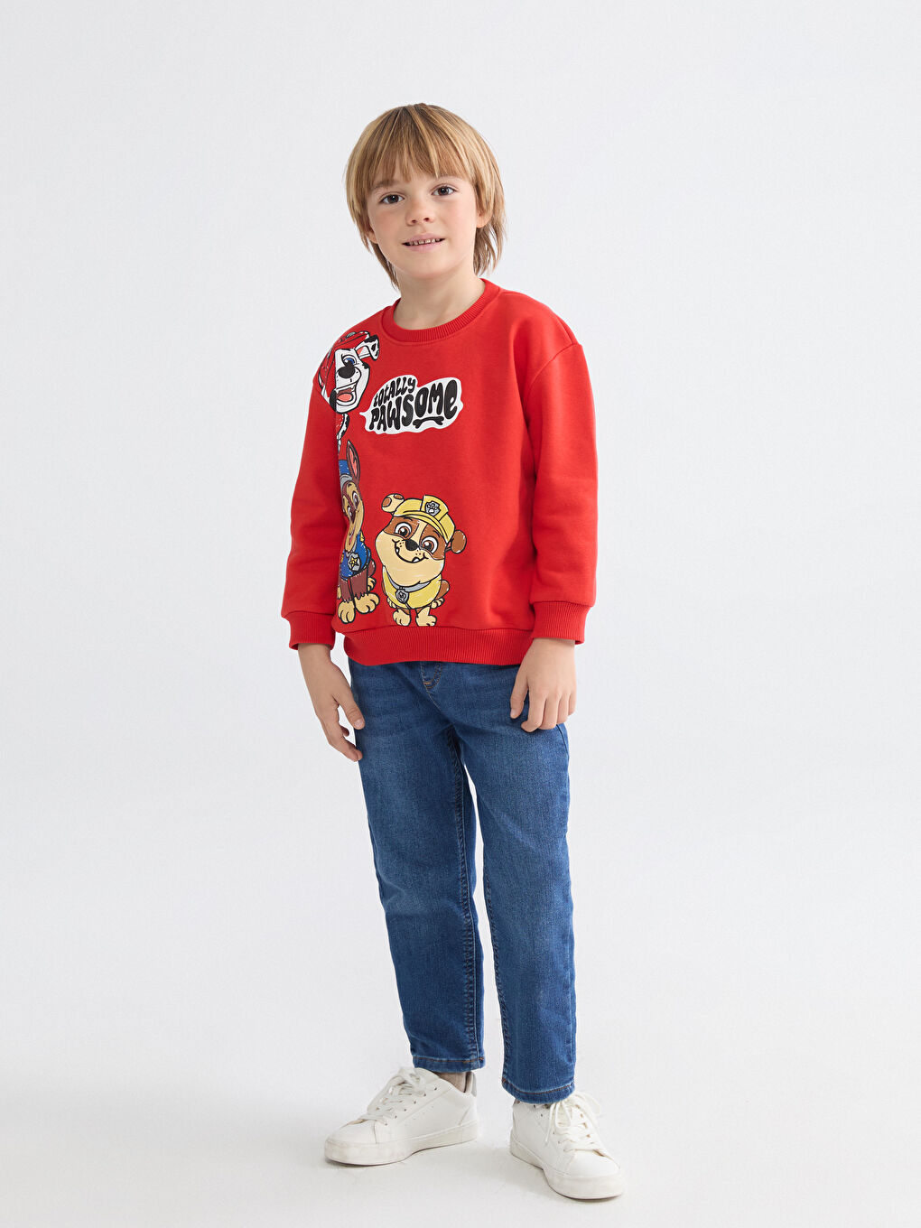 Kırmızı Bisiklet Yaka Paw Patrol Baskılı Erkek Çocuk Sweatshirt-1