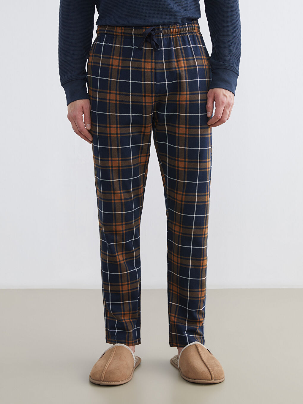 Kahverengi Standart Kalıp Ekose Erkek Pijama Alt-1