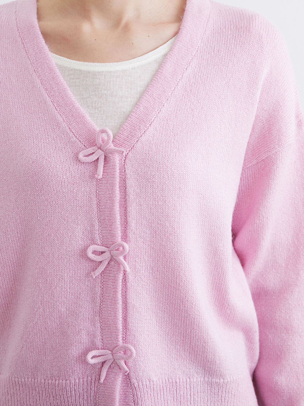 Pembe V Yaka Kadın Triko Hırka	-2