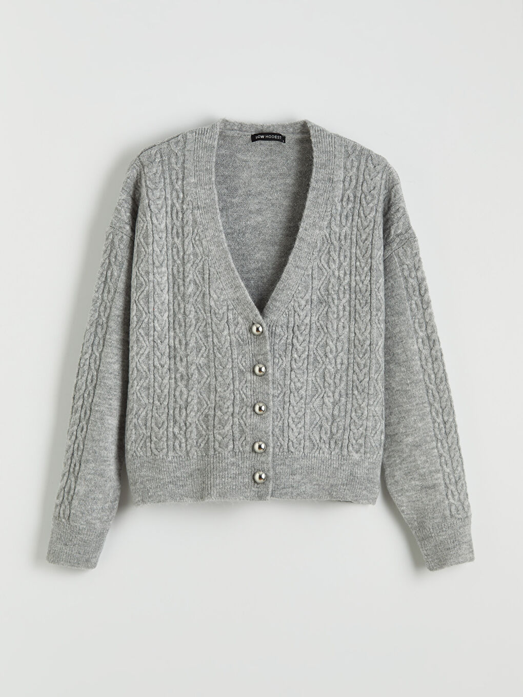 Gri V Yaka Kendinden Desenli Kadın Triko Hırka-4