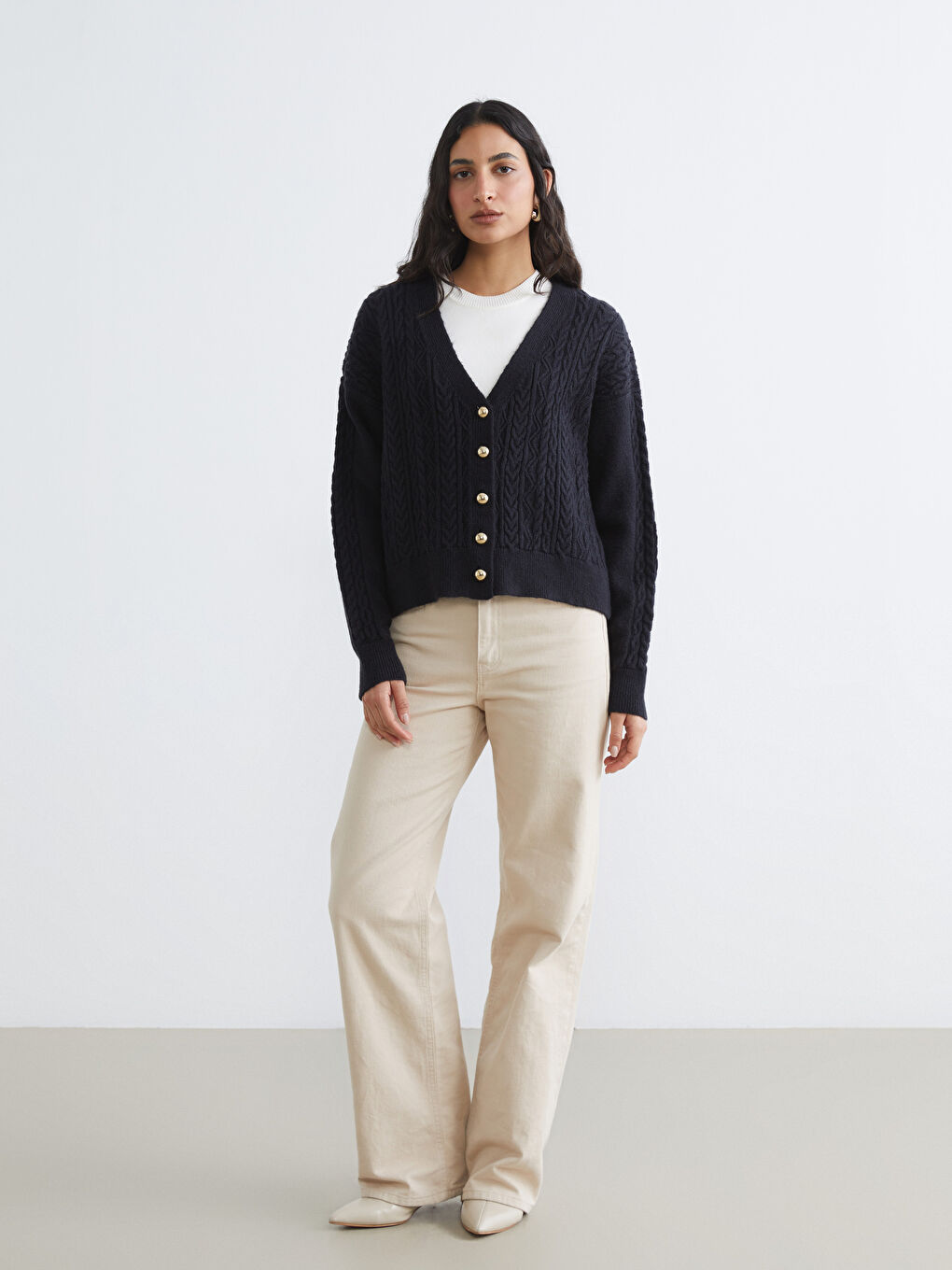 Lacivert V Yaka Kendinden Desenli Kadın Triko Hırka-1