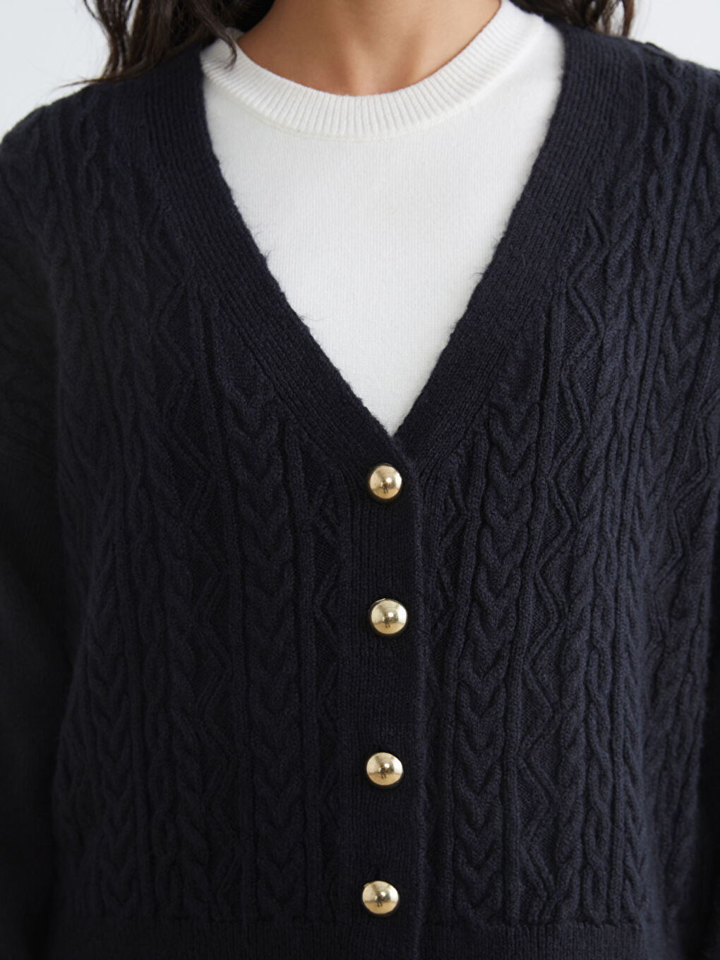 Lacivert V Yaka Kendinden Desenli Kadın Triko Hırka-2