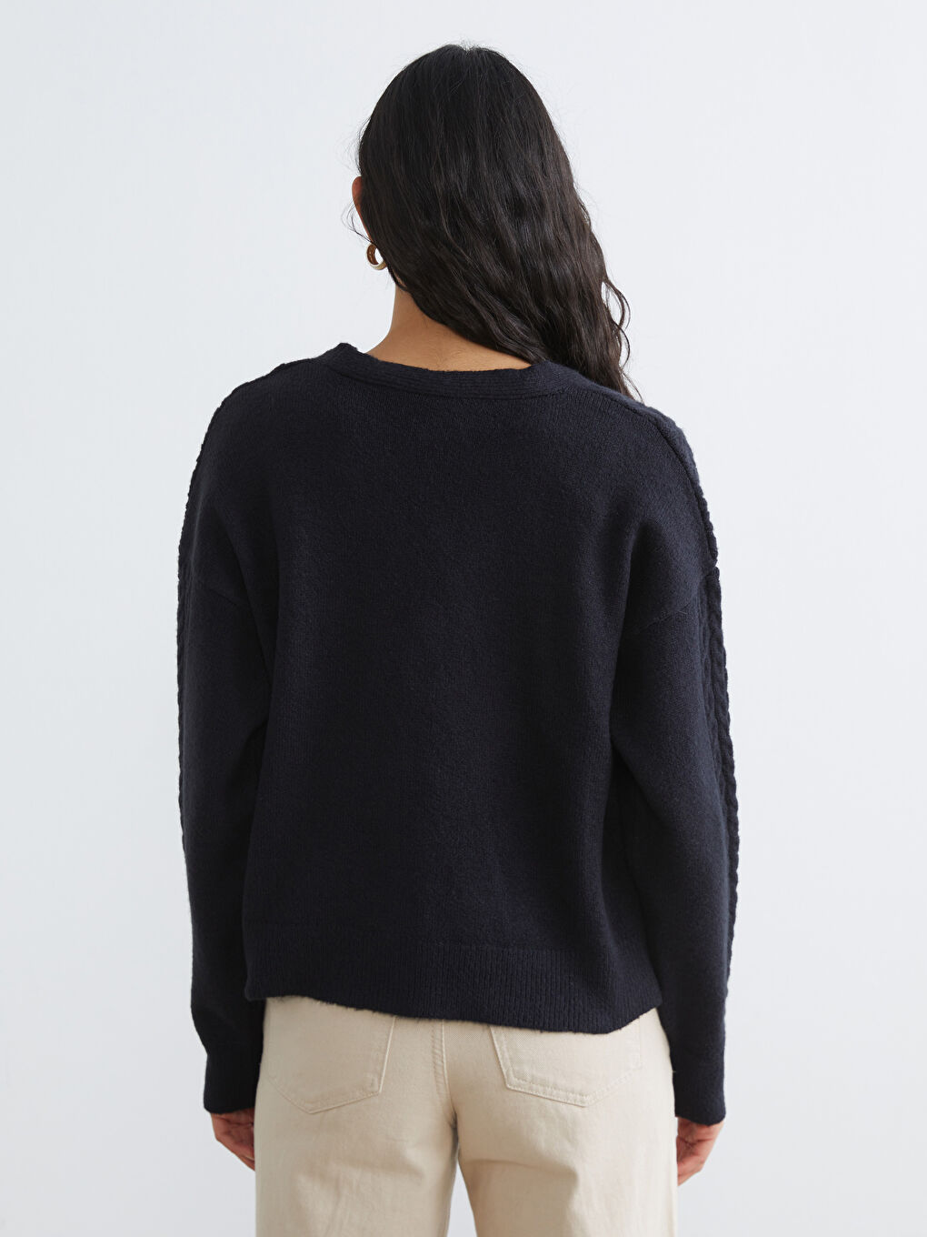 Lacivert V Yaka Kendinden Desenli Kadın Triko Hırka-3