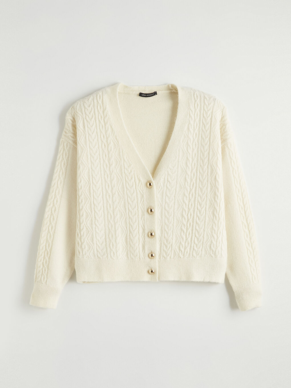 Ekru V Yaka Kendinden Desenli Kadın Triko Hırka-4