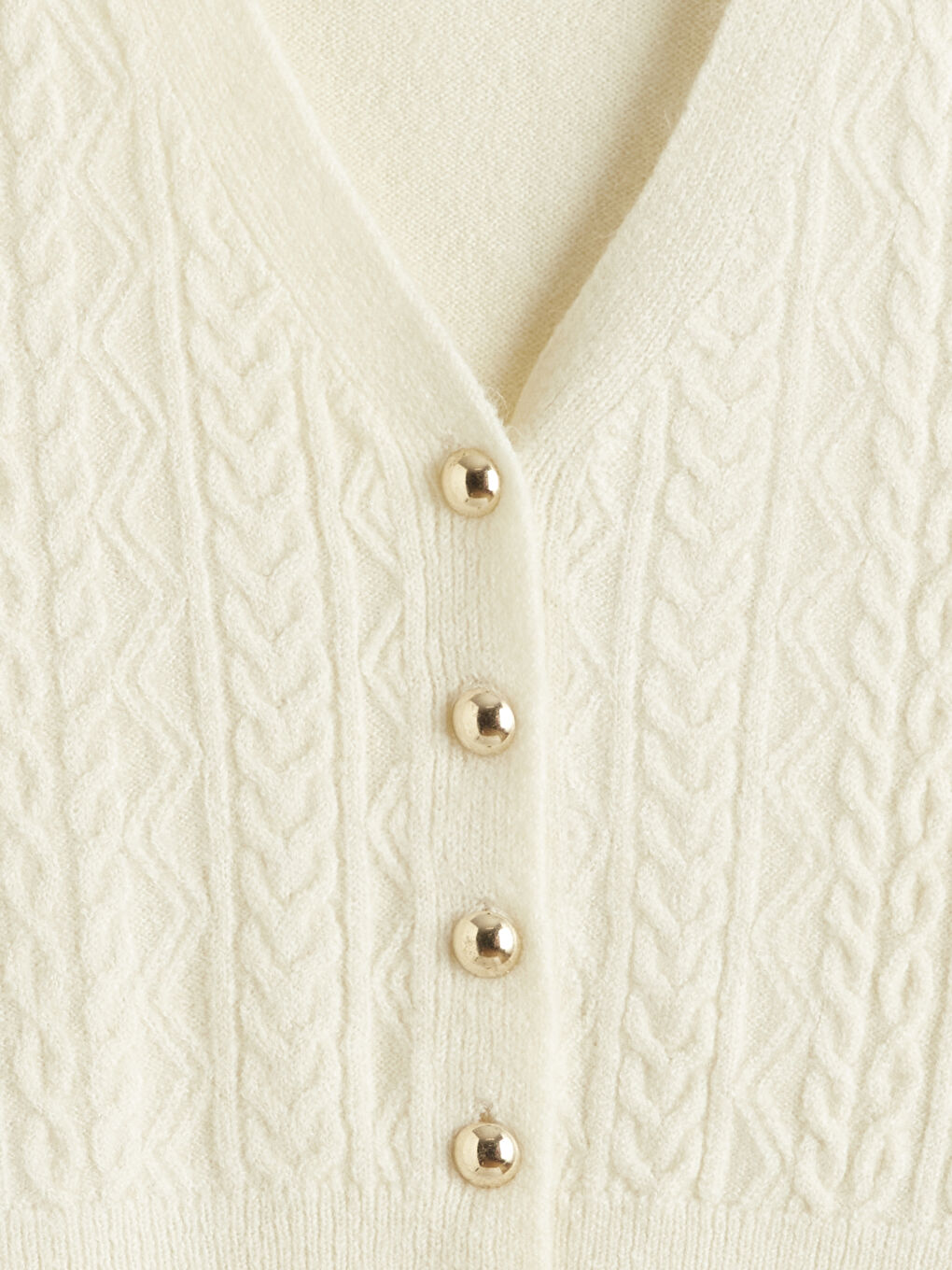 Ekru V Yaka Kendinden Desenli Kadın Triko Hırka-5