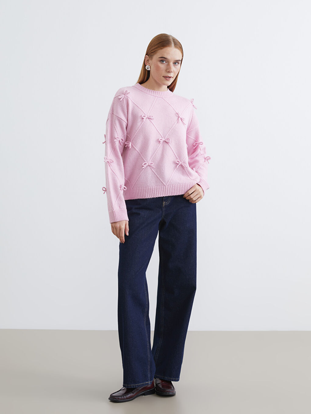 Pembe Bisiklet Yaka Fiyonklu Kadın Triko Kazak	-1