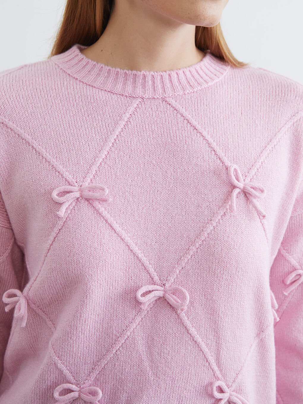 Pembe Bisiklet Yaka Fiyonklu Kadın Triko Kazak	-2