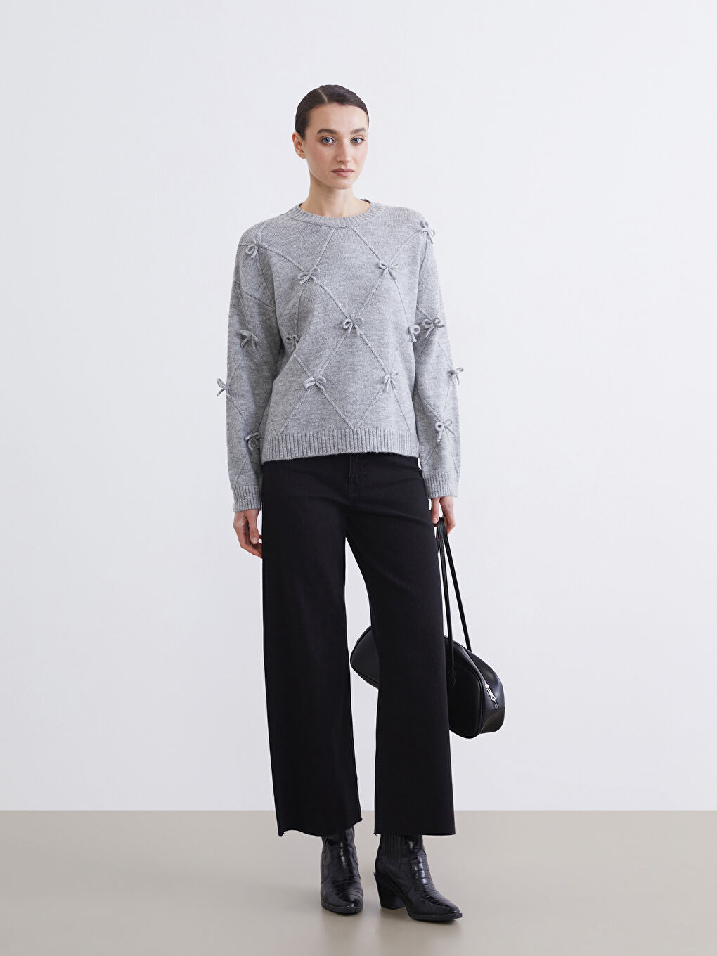 Crew Neck Knitted Sweater with Bow Detail-1