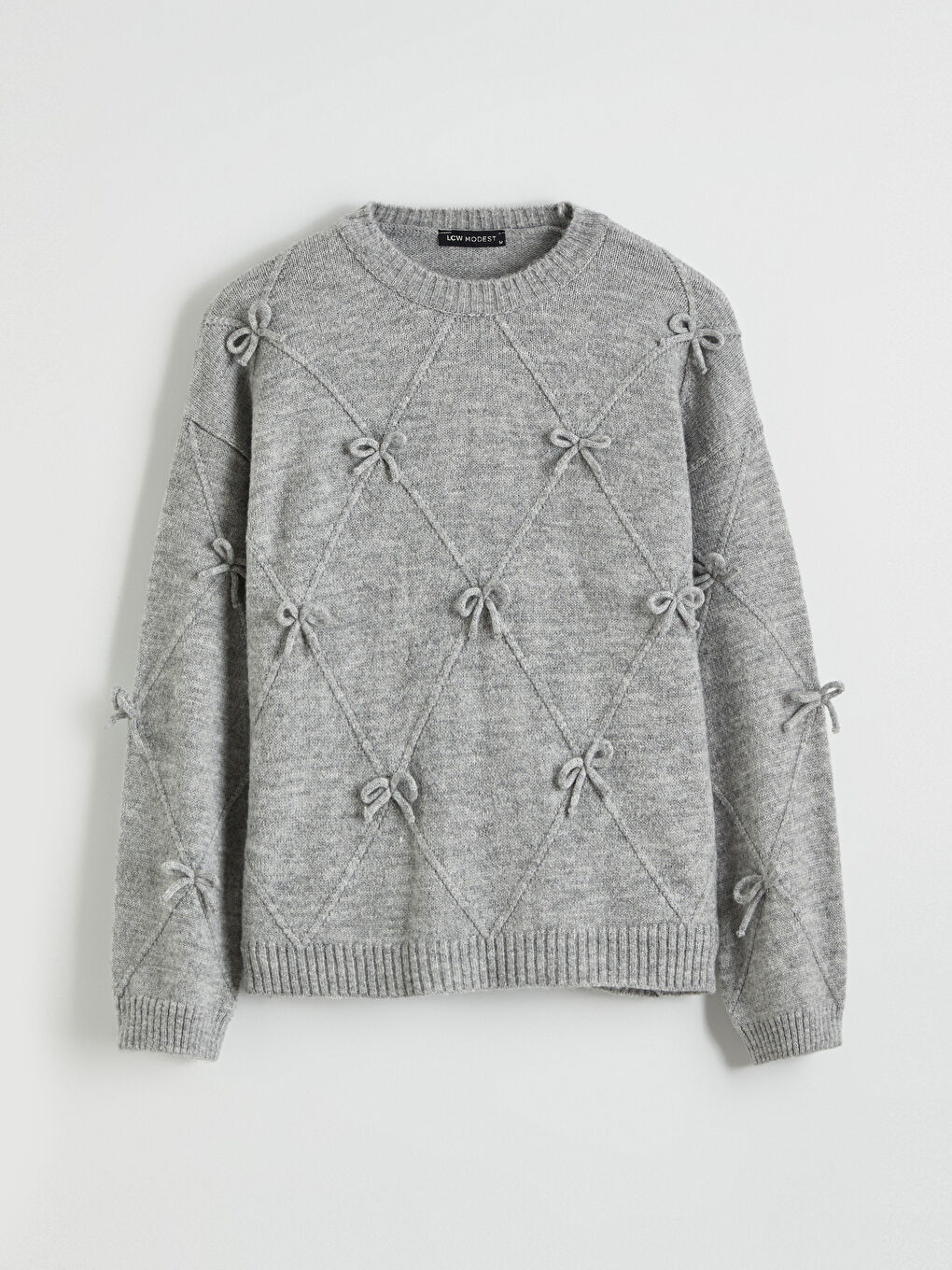 Gri Bisiklet Yaka Fiyonklu Kadın Triko Kazak	