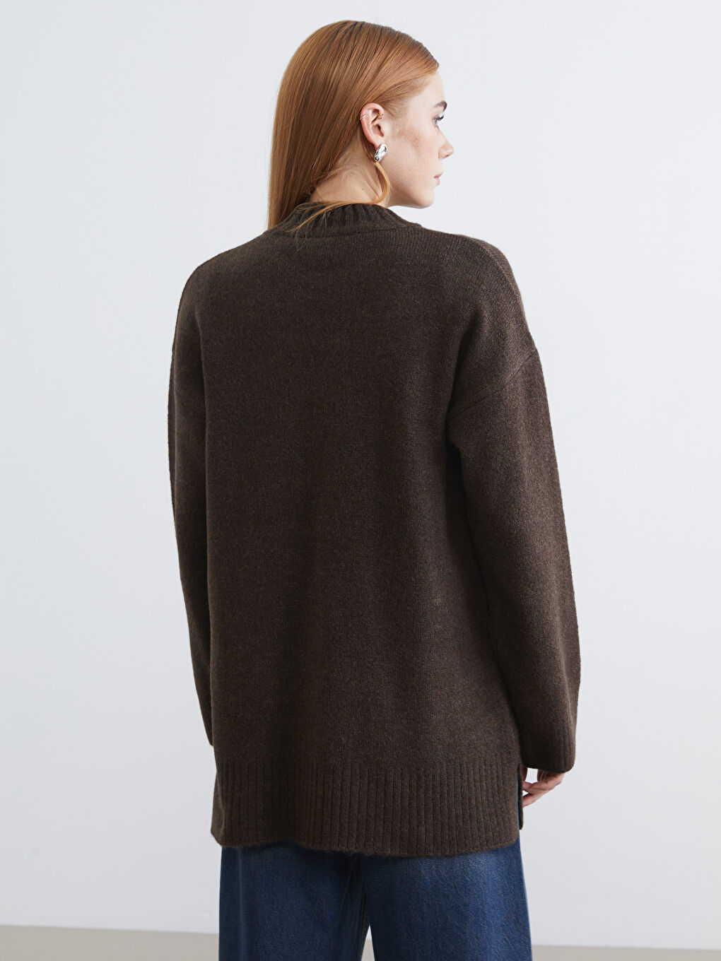 Kahverengi Yarım Balıkçı Yaka Oversize Kadın Triko Tunik-3