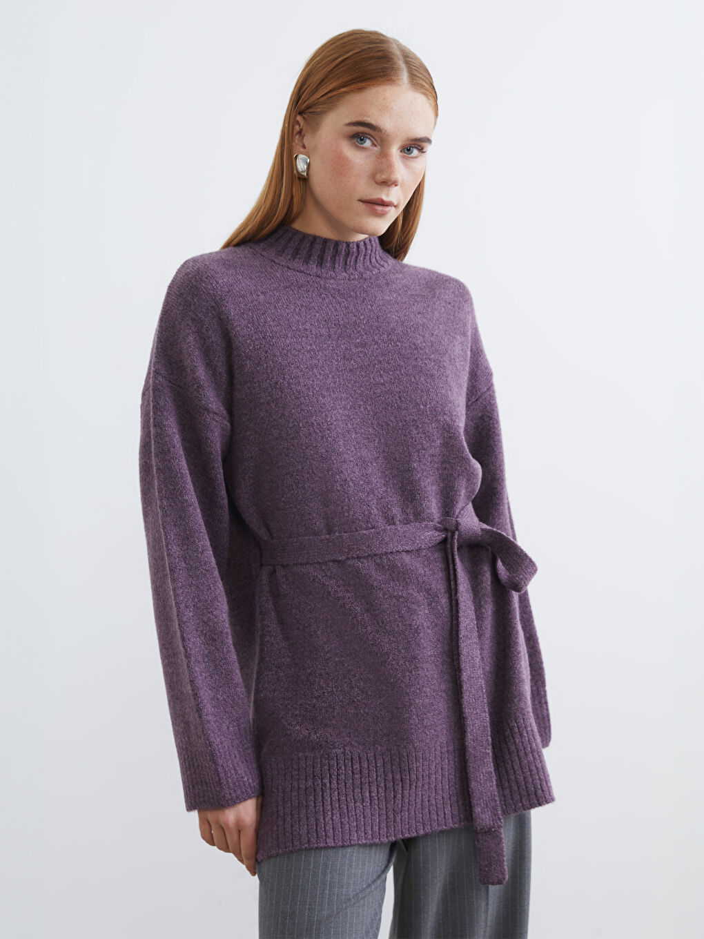 Mor Yarım Balıkçı Yaka Oversize Kadın Triko Tunik