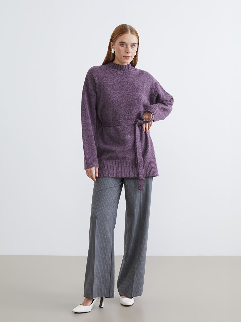 Mor Yarım Balıkçı Yaka Oversize Kadın Triko Tunik-1