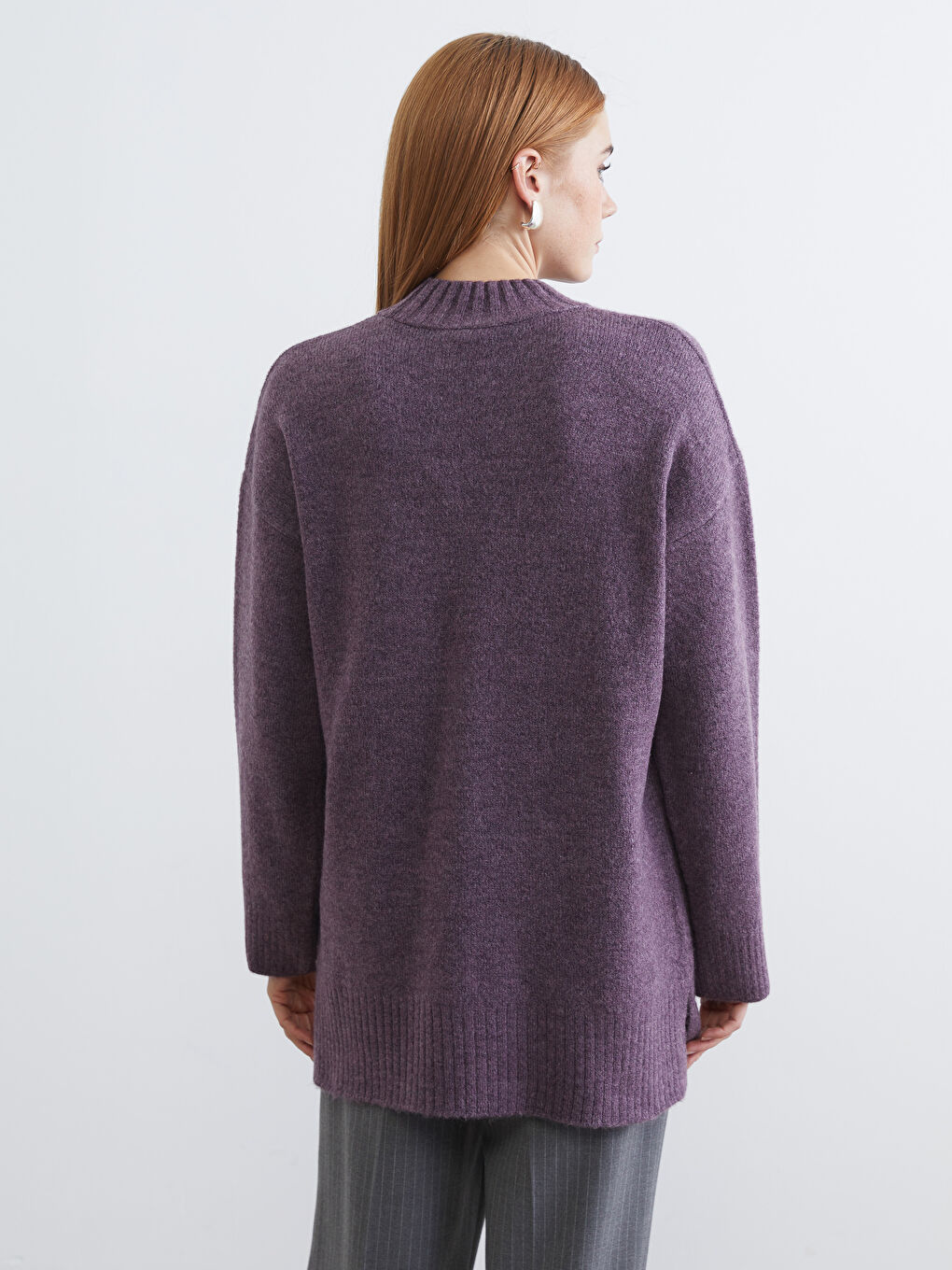 Mor Yarım Balıkçı Yaka Oversize Kadın Triko Tunik-3