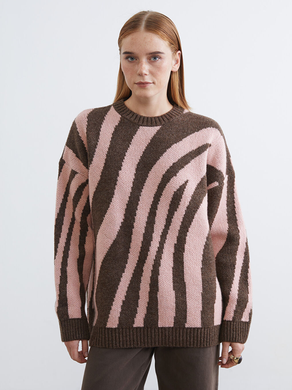 Pembe Bisiklet Yaka Desenli Kadın Triko Tunik