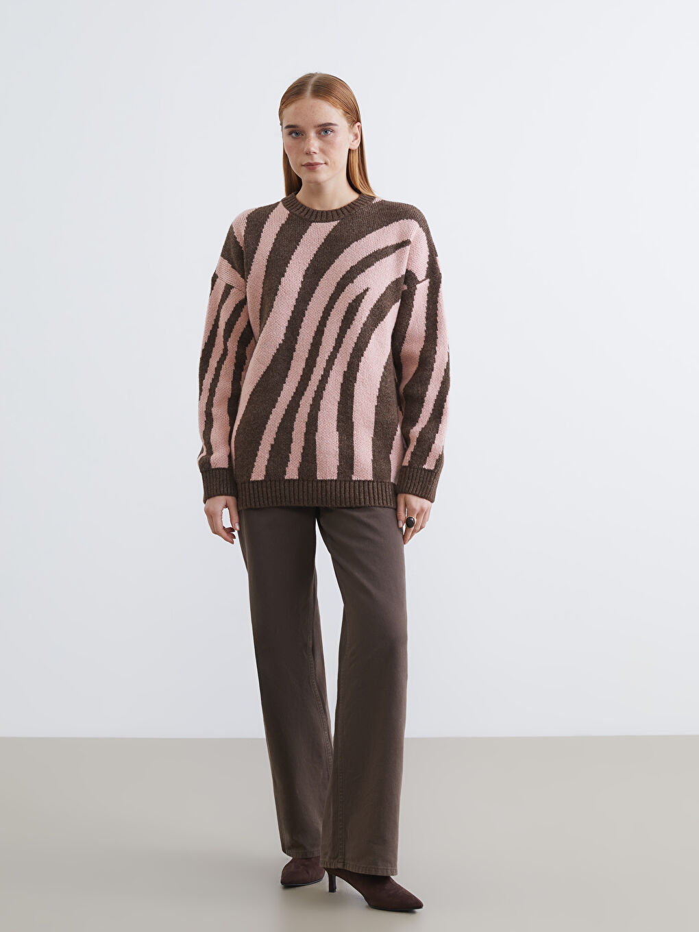 Pembe Bisiklet Yaka Desenli Kadın Triko Tunik-1