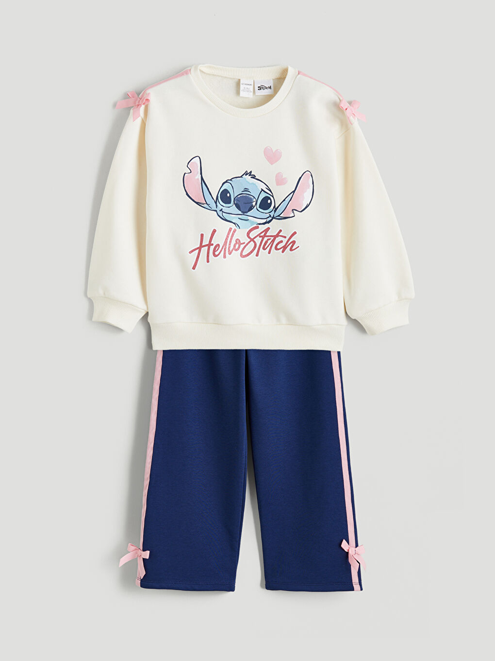 Ekru Stitch Baskılı Kız Çocuk Sweatshirt ve Pantolon Takım