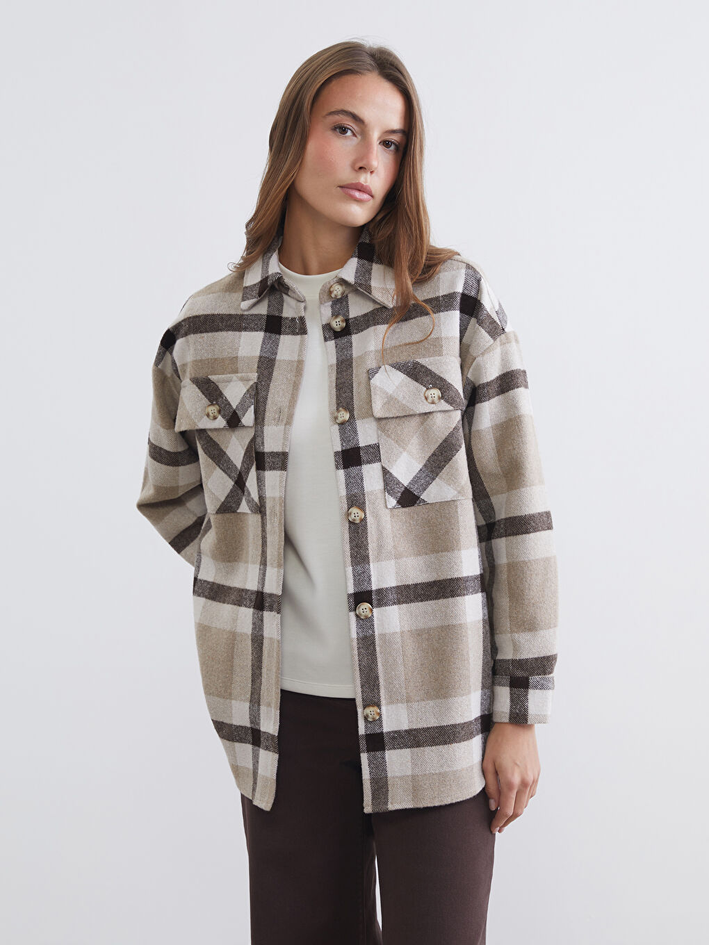 Kahverengi Ekose Oversize Kadın Gömlek