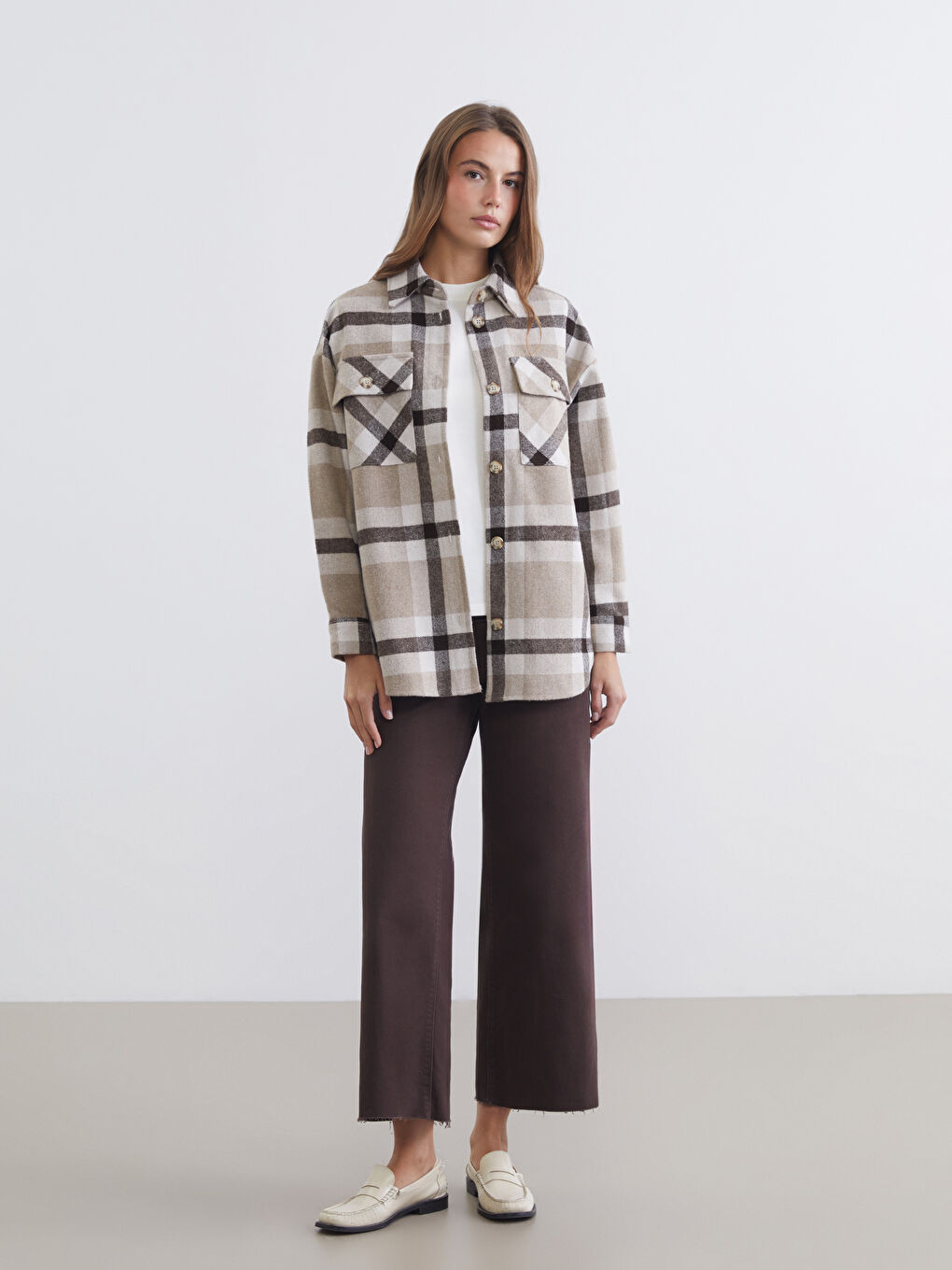 Kahverengi Ekose Oversize Kadın Gömlek-1