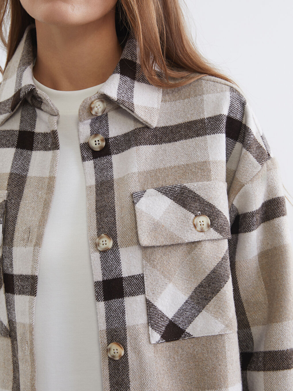 Kahverengi Ekose Oversize Kadın Gömlek-2