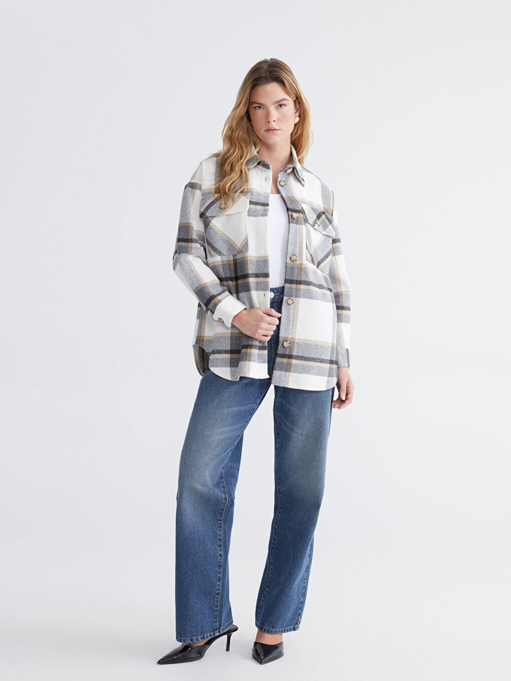 Gri Ekose Oversize Kadın Gömlek-1