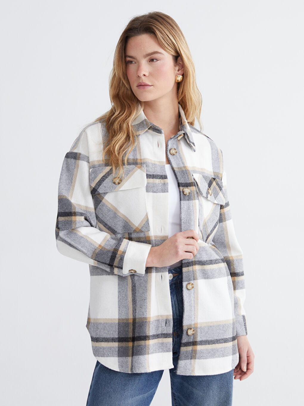 Gri Ekose Oversize Kadın Gömlek-3