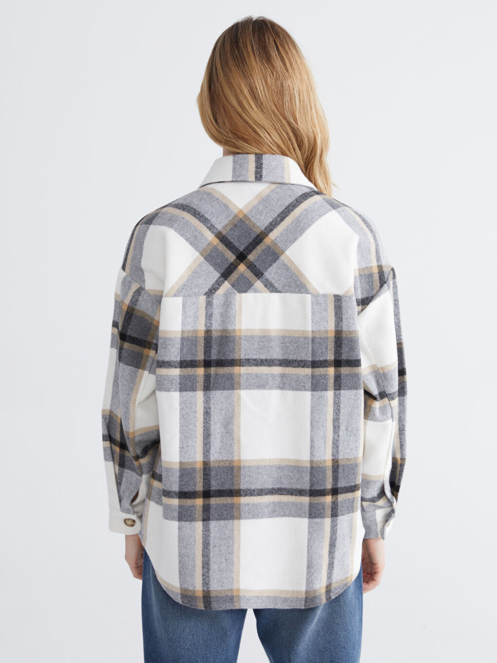 Gri Ekose Oversize Kadın Gömlek-4