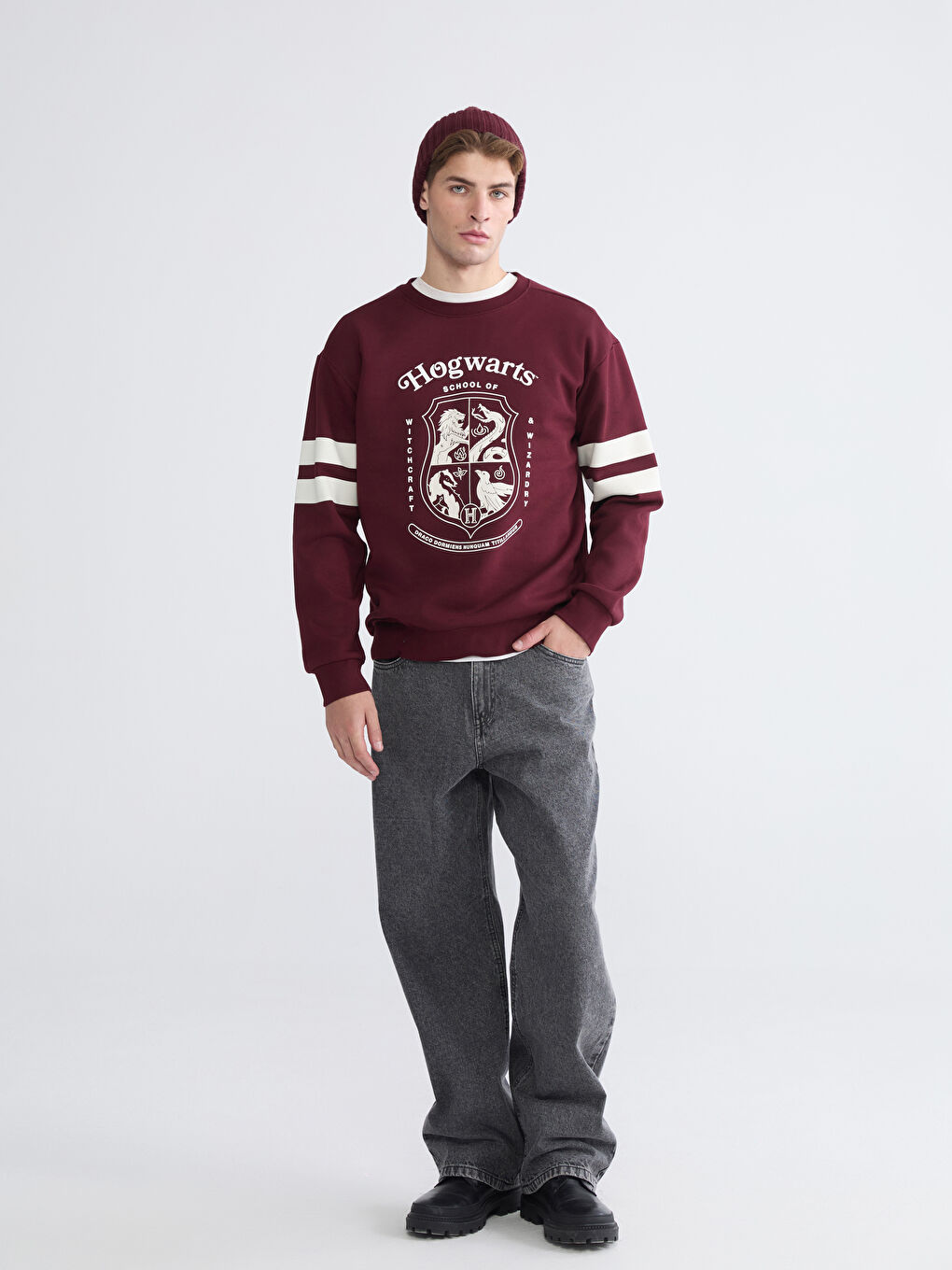 Bordo Bisiklet Yaka Harry Potter Baskılı Erkek Kalın Sweatshirt-1