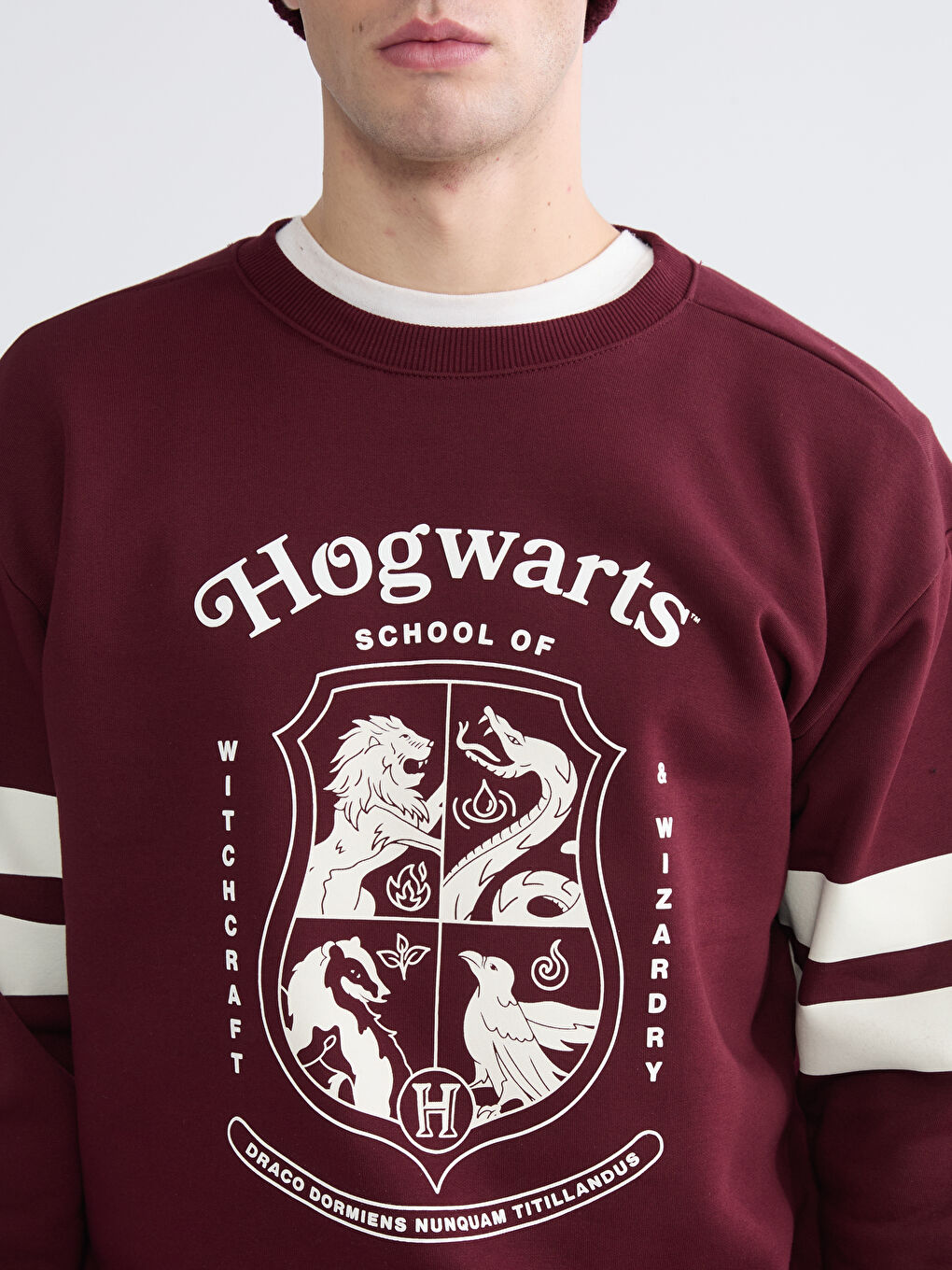 Bordo Bisiklet Yaka Harry Potter Baskılı Erkek Kalın Sweatshirt-2