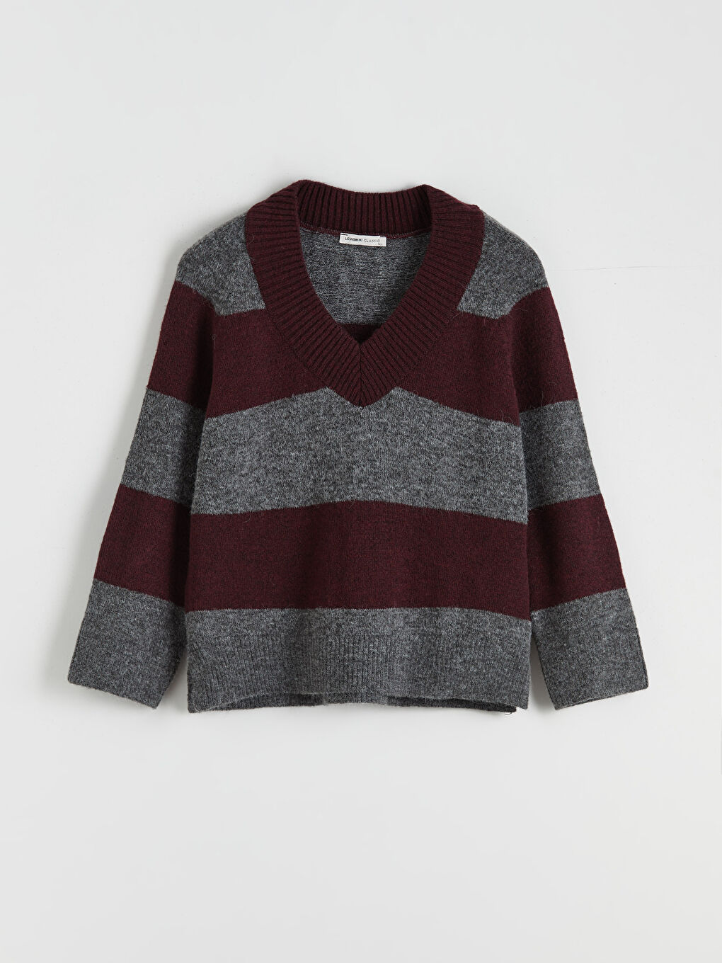 Bordo V Yaka Çizgili Oversize Kadın Triko Kazak-4