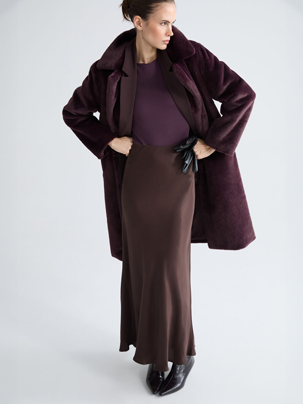 Kahverengi Beli Lastikli A Kesim Saten Etek-4