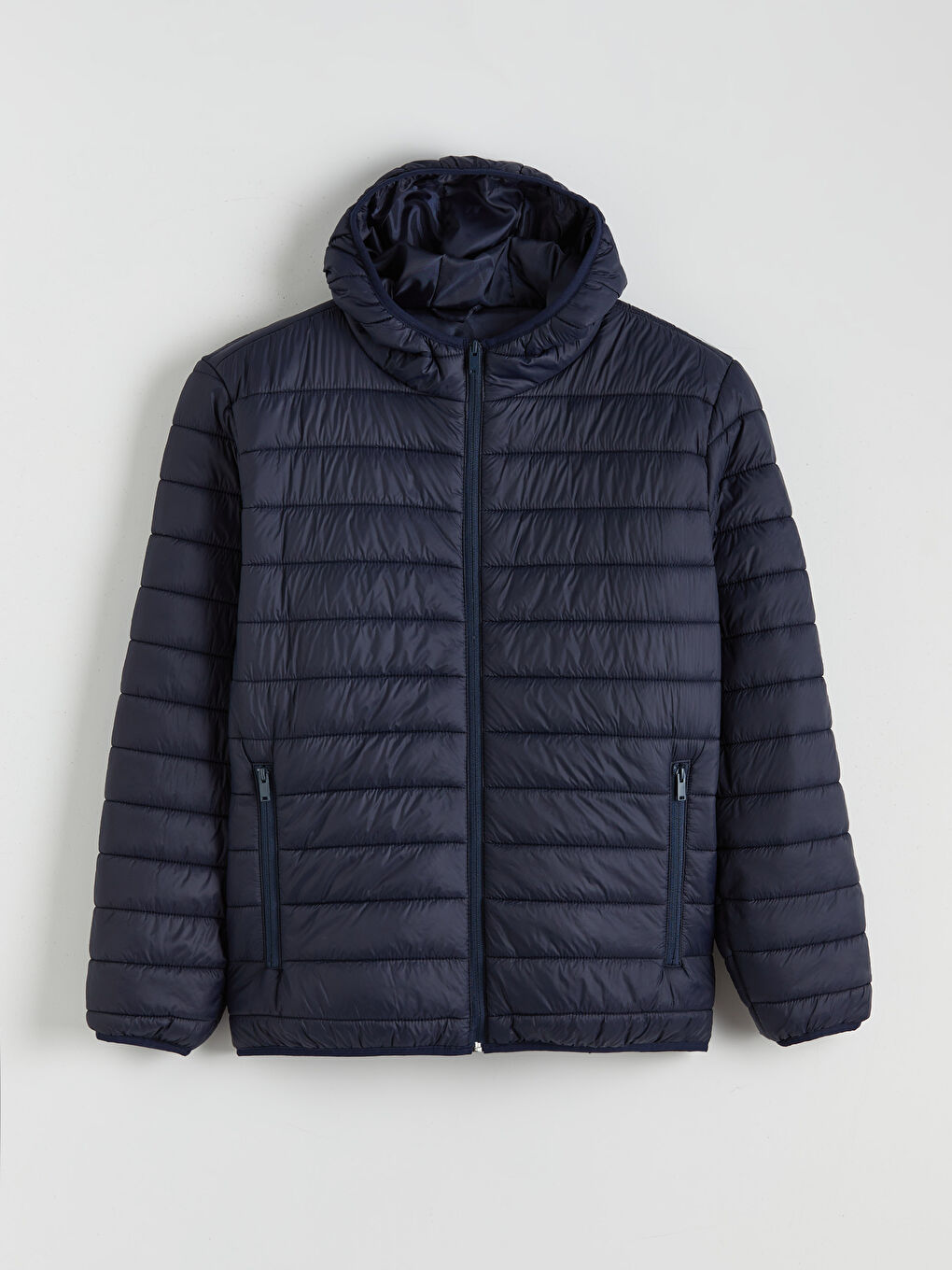 Lacivert Standart Kalıp Kapüşonlu Erkek Şişme Mont-5