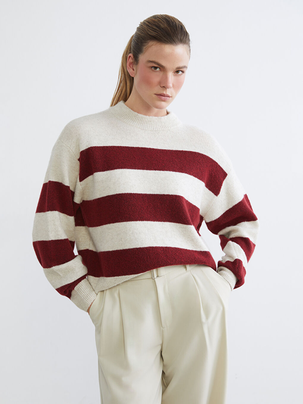 Crew Neck Striped Women's Knitwear Sweater